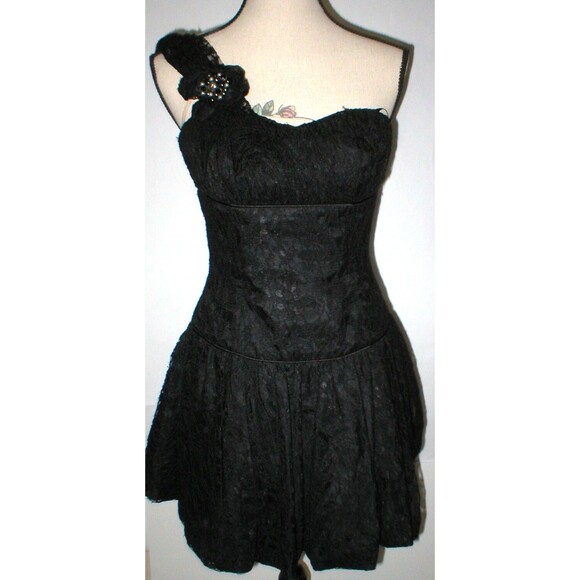 New Womens Designer Jill Stuart Black Lace Dress One Shoulder 0 2 Broach  Short